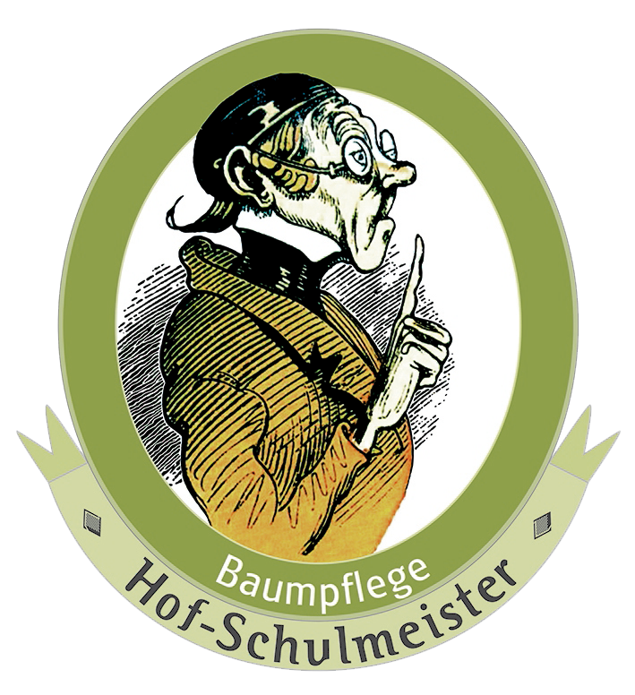 Logo der Firma Baumpflege Hof-Schulmeister. Ein Ovales Logo zeigt einen Mann mit Brille und erhobenen Zeigefinger. Darunter auf einem Banner 'Baumpflege Hof-Schulmeister'